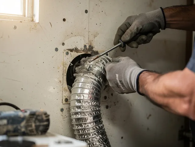 Placentia Dryer Vent Cleaning technician performing precise dryer vent hose installation in Placentia